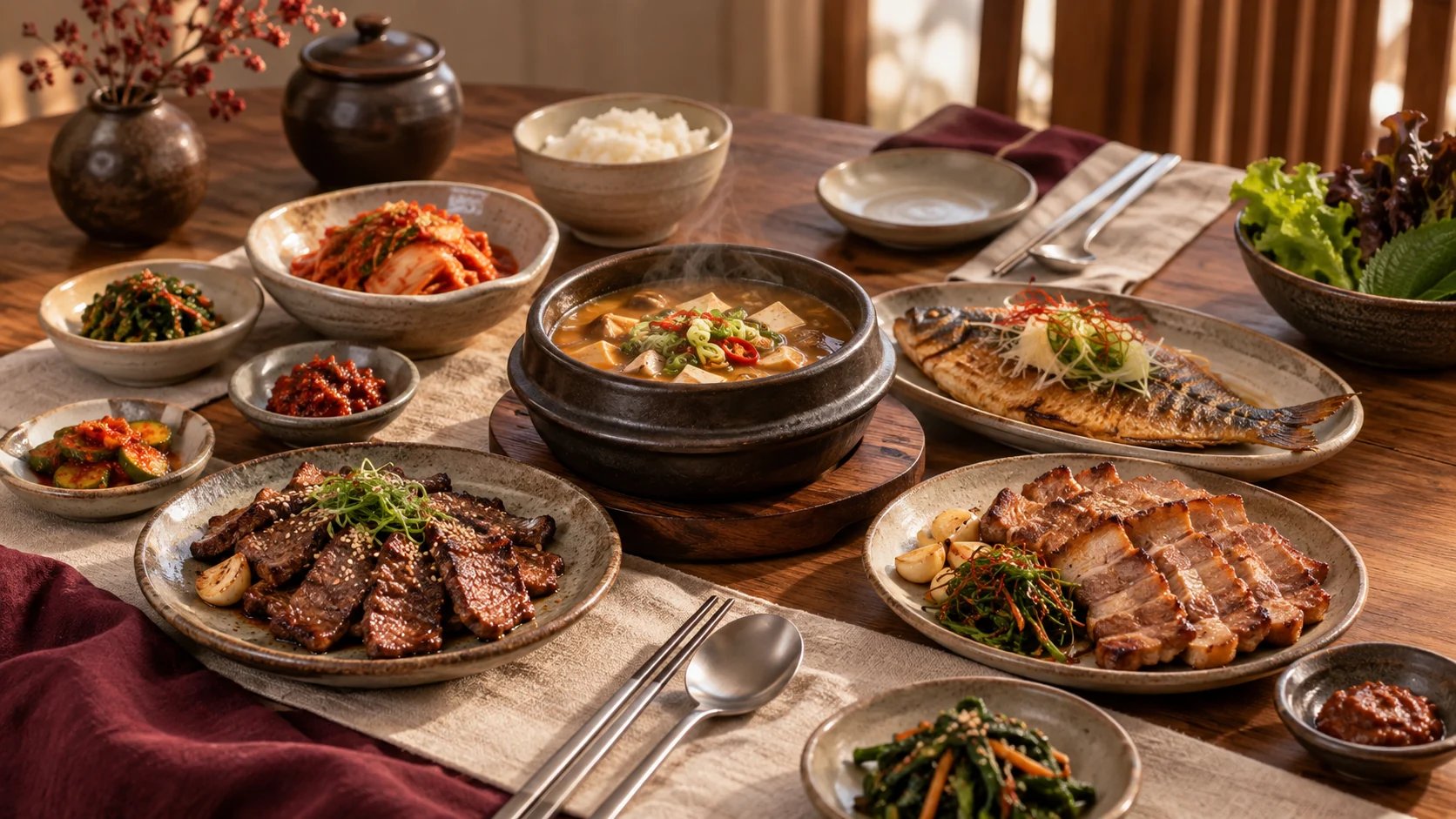 A warm Korean table with fermented vegetables, a steaming stew, grilled meat and seafood.